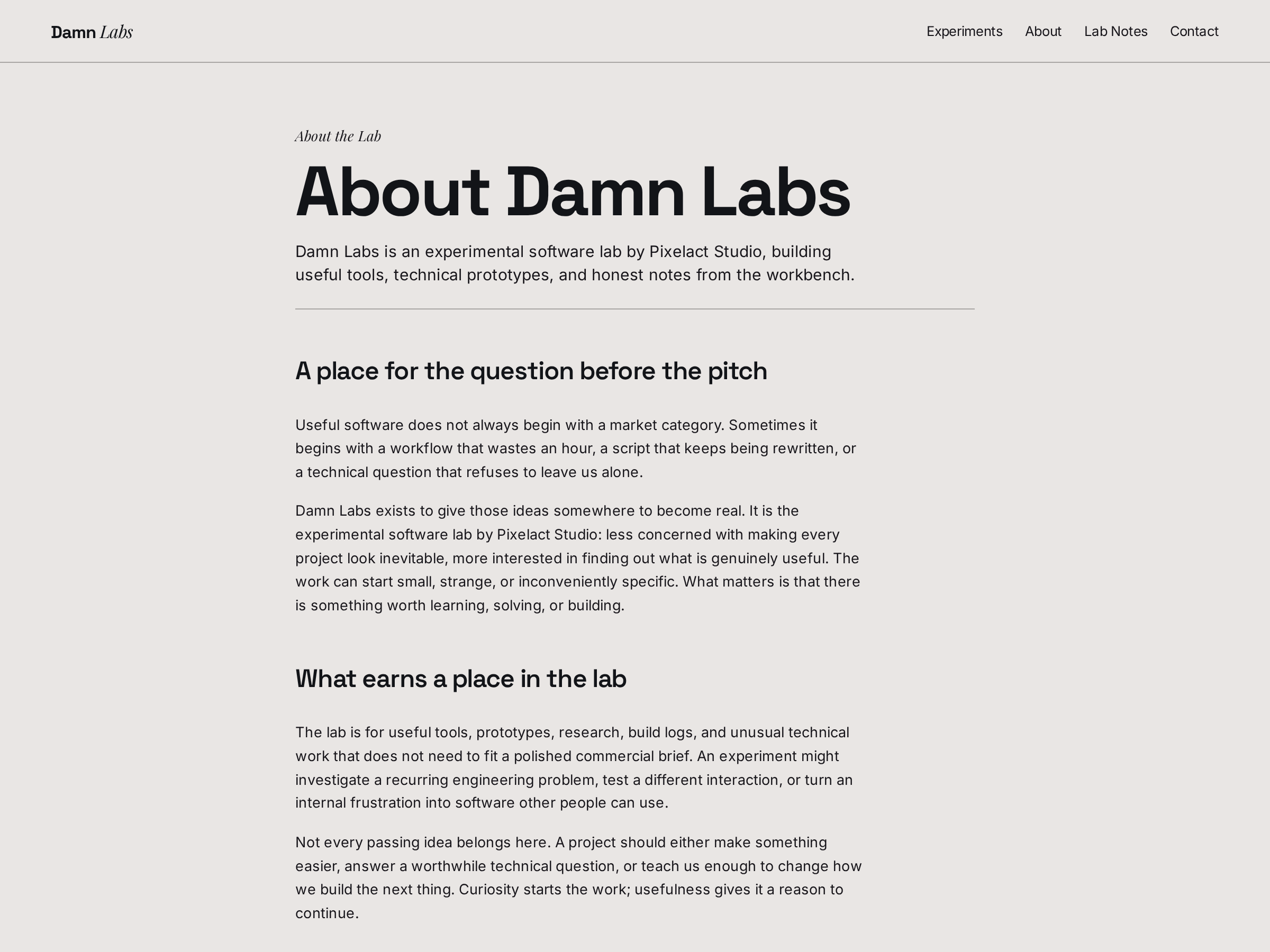 Damn Labs About page describing the experimental software lab by Pixelact Studio