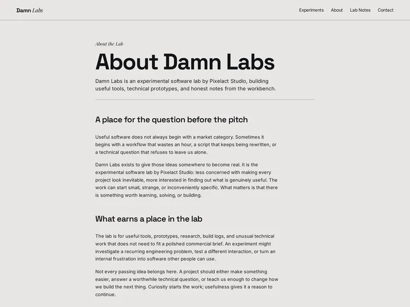 Damn Labs About page describing the experimental software lab by Pixelact Studio