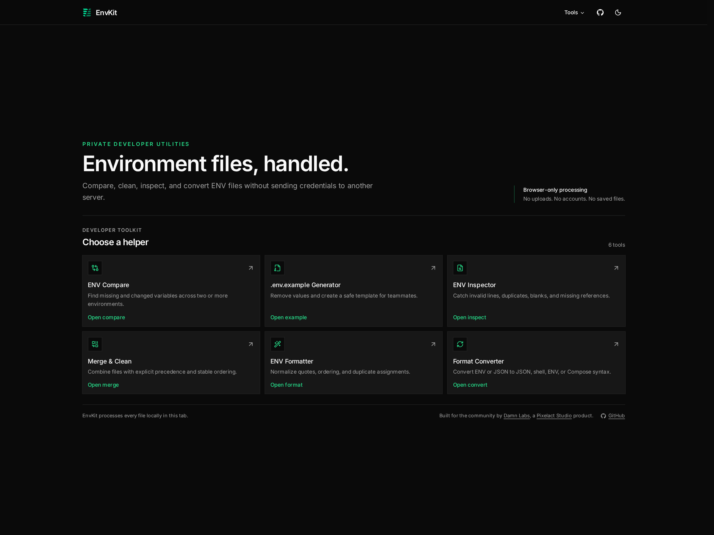 EnvSift homepage showing six browser-local tools for environment-variable files