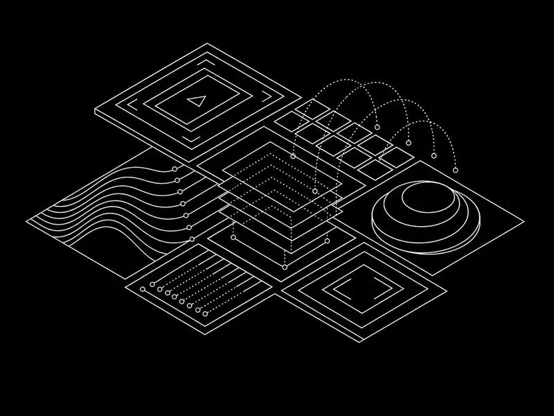 Abstract isometric line illustration representing video processing and storage